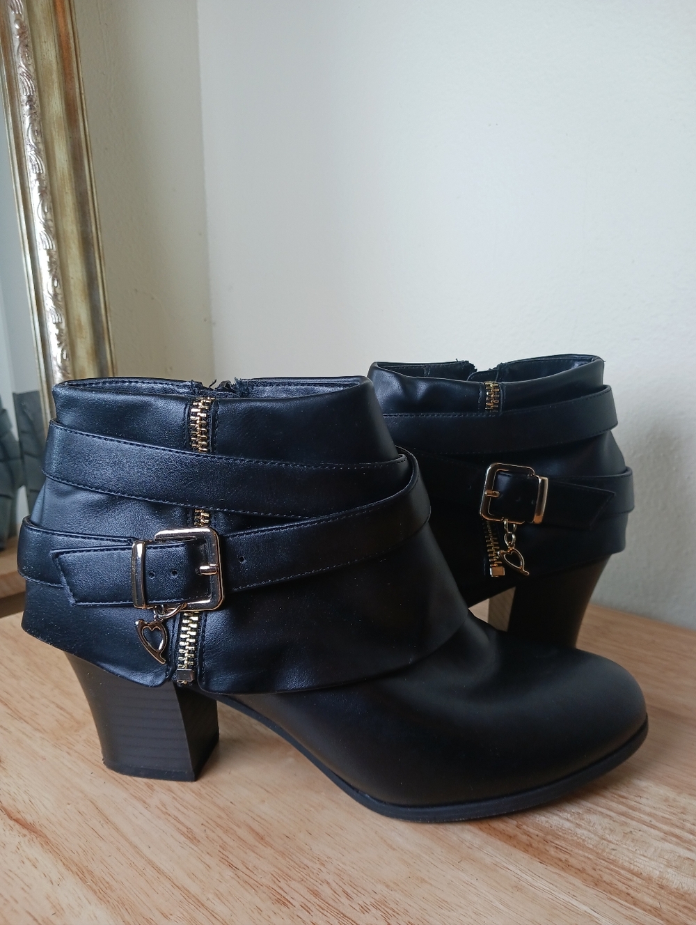 Women's Black Ankle Booties with Gold Buckle Detail